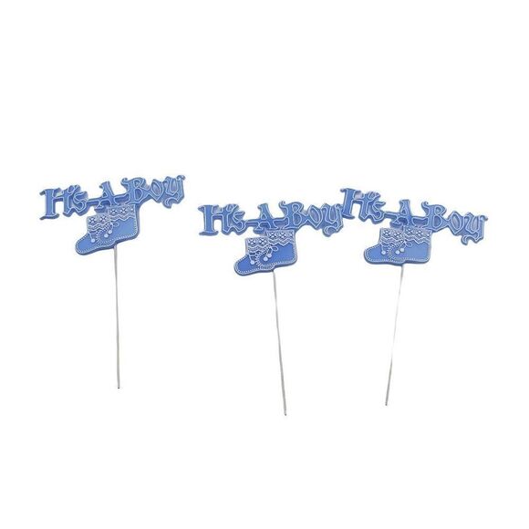 Vintage It's A Boy Pick With Metal End Craft Floral Blue 6.5" Baby Lot Of 3 - Picture 1 of 3
